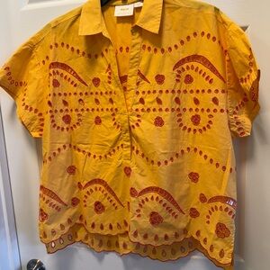 Anthropologie Yellow Short-Sleeve Embroidered Cotton Top with Red Motif